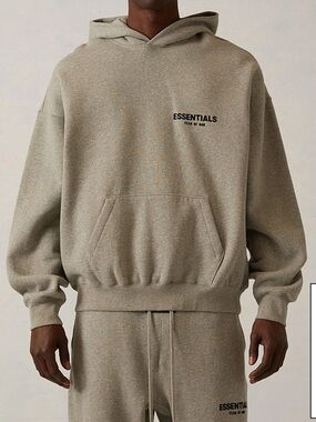 🩶FEAR OF GOD ESSENTIALS Dark Oatmeal/Heather Gray Hoodie - Chest Logo Medium NWT